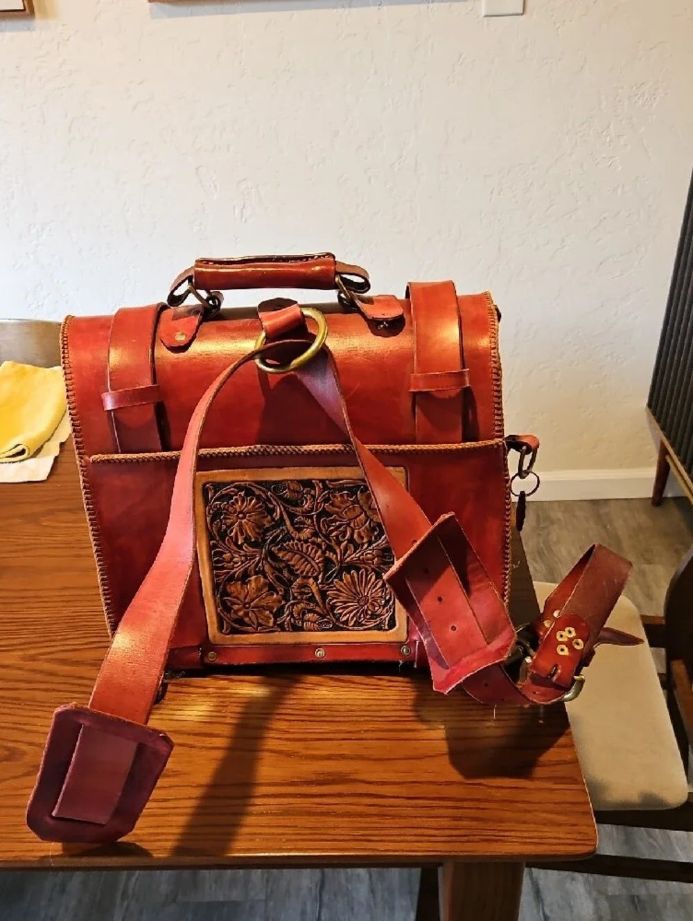 Handcrafted Red Leather Floral Tooled Satchel